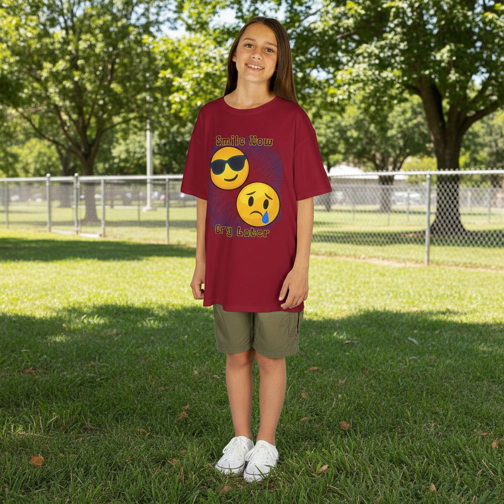Child wearing a red t-shirt with emoji designs and text on a white background
